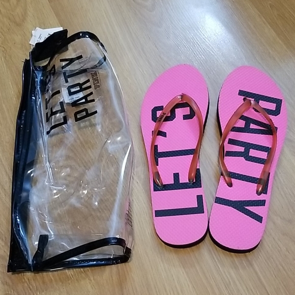 PINK let's party flip flops with travel bag size medium NWT - Picture 1 of 5